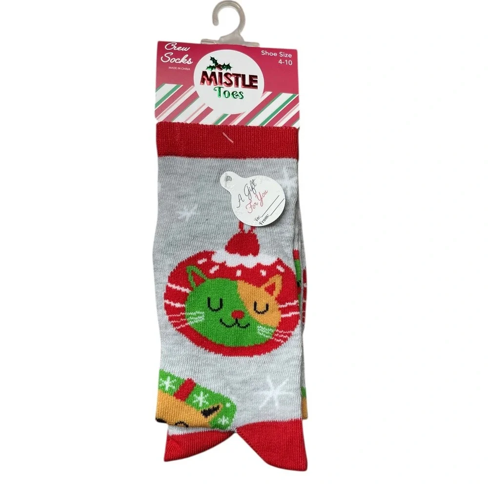Mistle Toes Christmas Socks Holiday Crew Socks Cat Ornament‎ Size 4-10